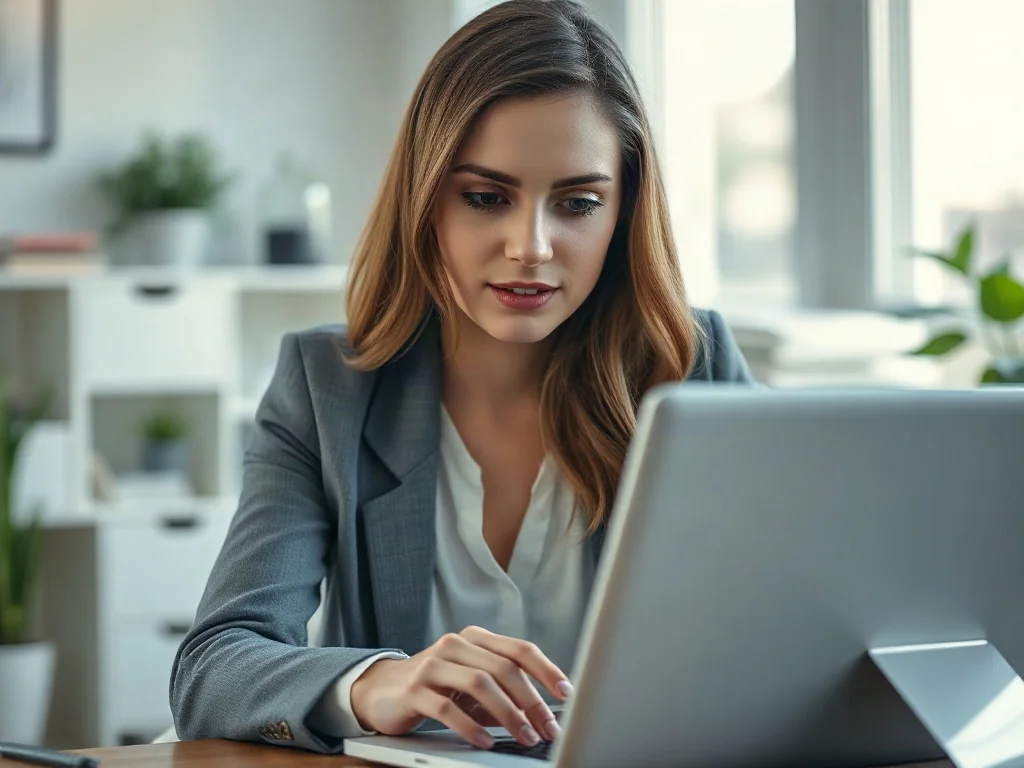 Kobieta pracująca na laptopie z otwartym arkuszem kalkulacyjnym w jasnym, profesjonalnym biurze.