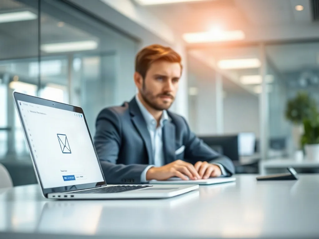 Zaniepokojony mężczyzna przy komputerze w biurze, próbujący wycofać wysłaną wiadomość e-mail w programie Outlook.