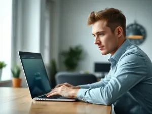 Skupiony mężczyzna pracujący na laptopie z arkuszem kalkulacyjnym w nowoczesnym biurze.