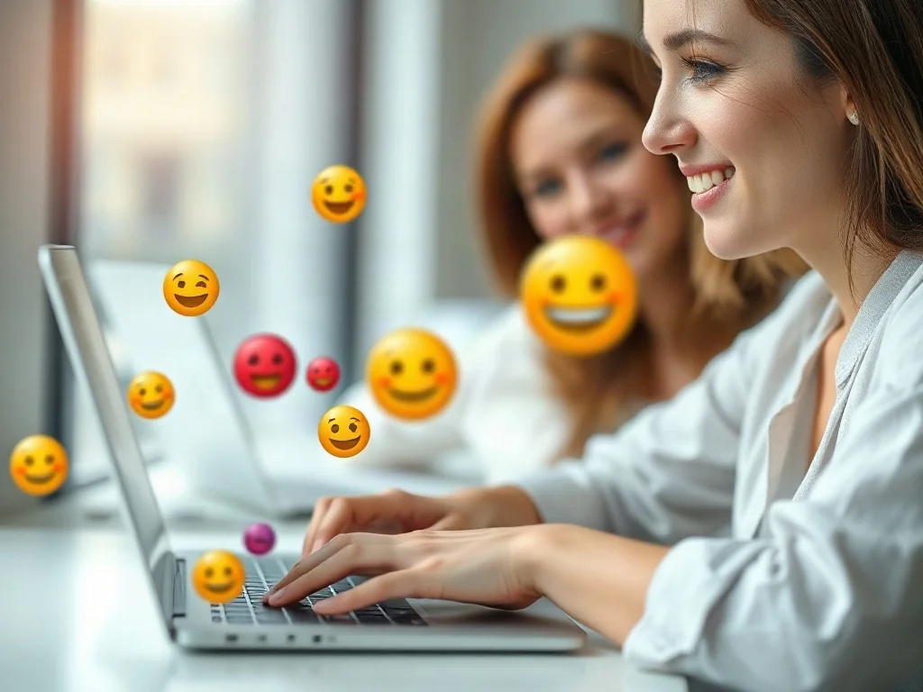 Kobieta uśmiecha się podczas pisania na laptopie, a w tle unoszą się kolorowe ikony emoji.