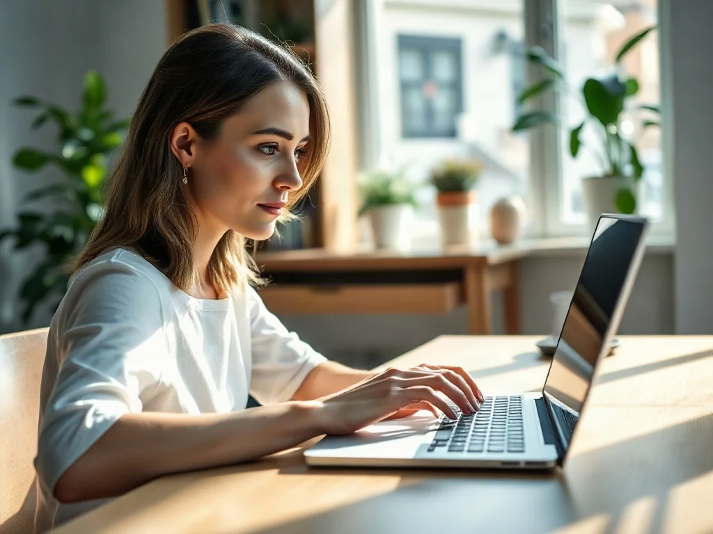 Kobieta pracująca przy laptopie w jasnym, minimalistycznym biurze, skupiona na edycji dokumentu tekstowego.