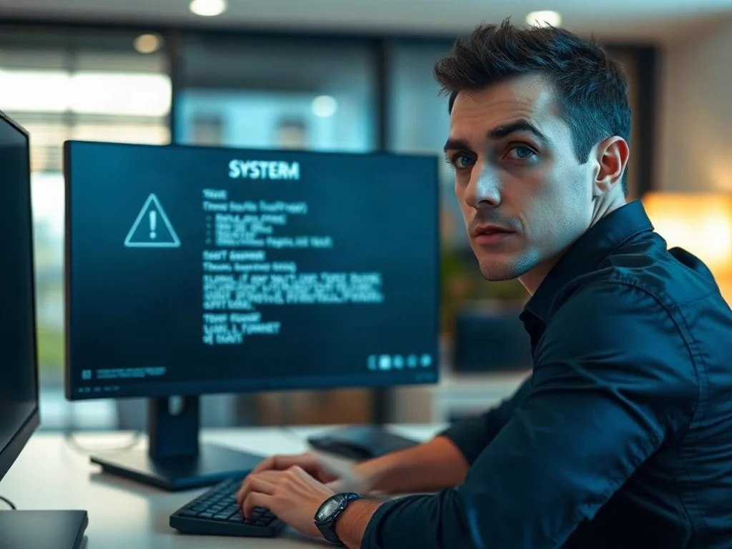Zaniepokojony mężczyzna przed monitorem komputera z błędem systemowym w nowoczesnym biurze domowym.