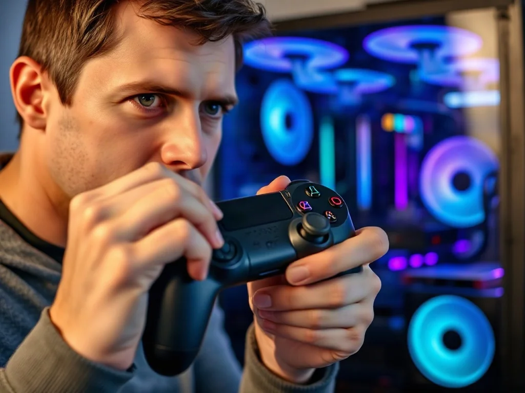 Mężczyzna trzyma bezprzewodowy kontroler Xbox w dłoniach na tle podświetlanego zestawu gamingowego.