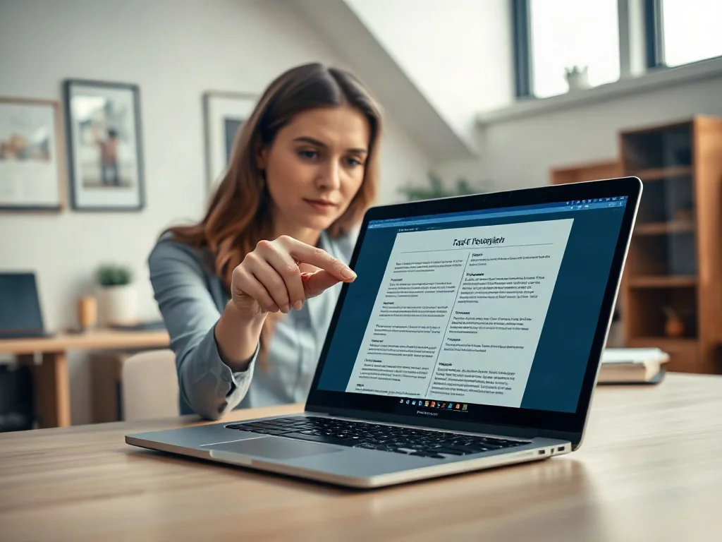 Kobieta w nowoczesnym biurze wskazuje na ekran laptopa, na którym widoczny jest dokument z obróconą stroną.