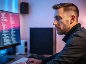 Kobieta pisząca na klawiaturze laptopa w jasnym, minimalistycznym biurze, ilustrująca pracę przy komputerze.