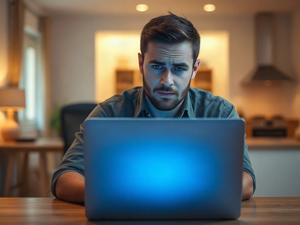 Zaniepokojony mężczyzna przed laptopem, który ma problem z połączeniem z siecią Wi-Fi w domowym biurze.