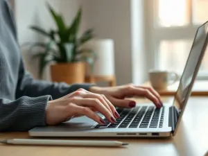 Zaniepokojony pracownik biurowy patrzący na ekran laptopa, zastanawiający się nad wysłaną wiadomością w Outlooku.