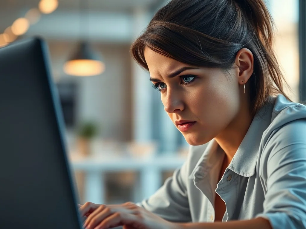 Zestresowana kobieta pracująca przy laptopie w biurze, ilustrująca problem z utratą niezapisanych danych w programie Excel.