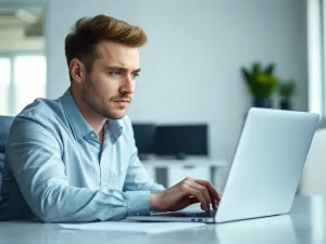 Mężczyzna przy laptopie z paskiem postępu aktualizacji systemu, pracujący w nowoczesnym domowym biurze.