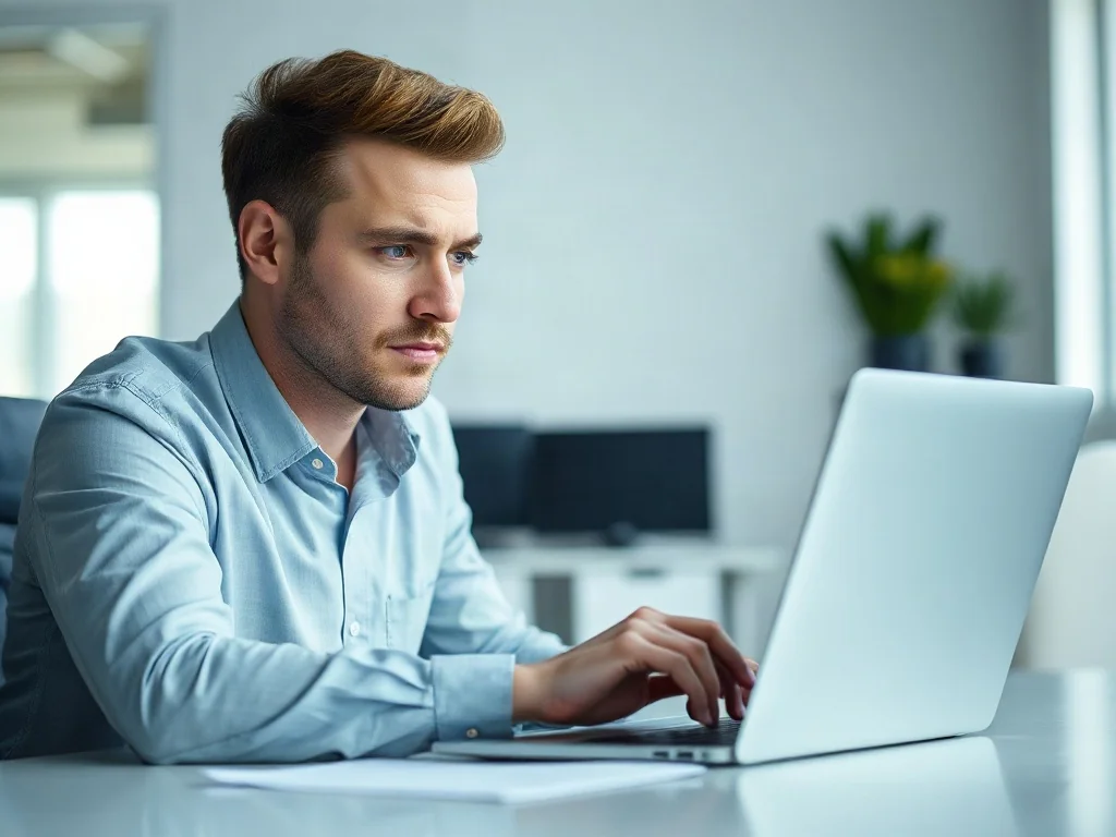 Zaniepokojony pracownik biurowy patrzący na ekran laptopa, zastanawiający się nad wysłaną wiadomością w Outlooku.