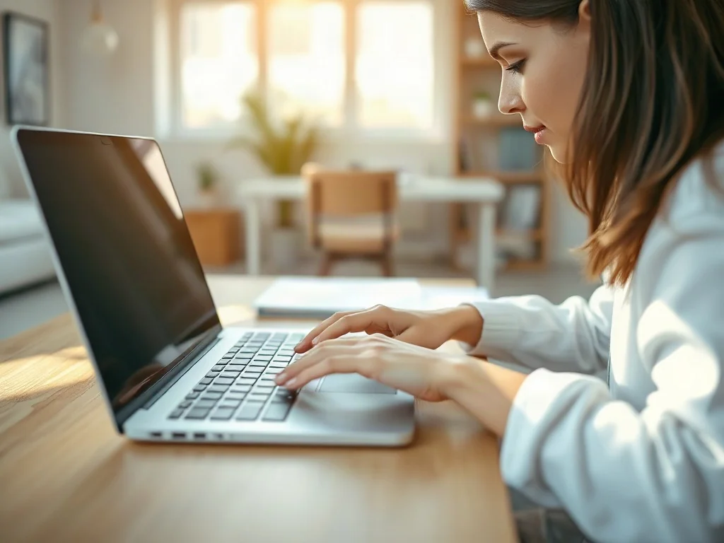 Kobieta pracująca przy laptopie w nowoczesnym biurze, skupiona na edycji dokumentu tekstowego.