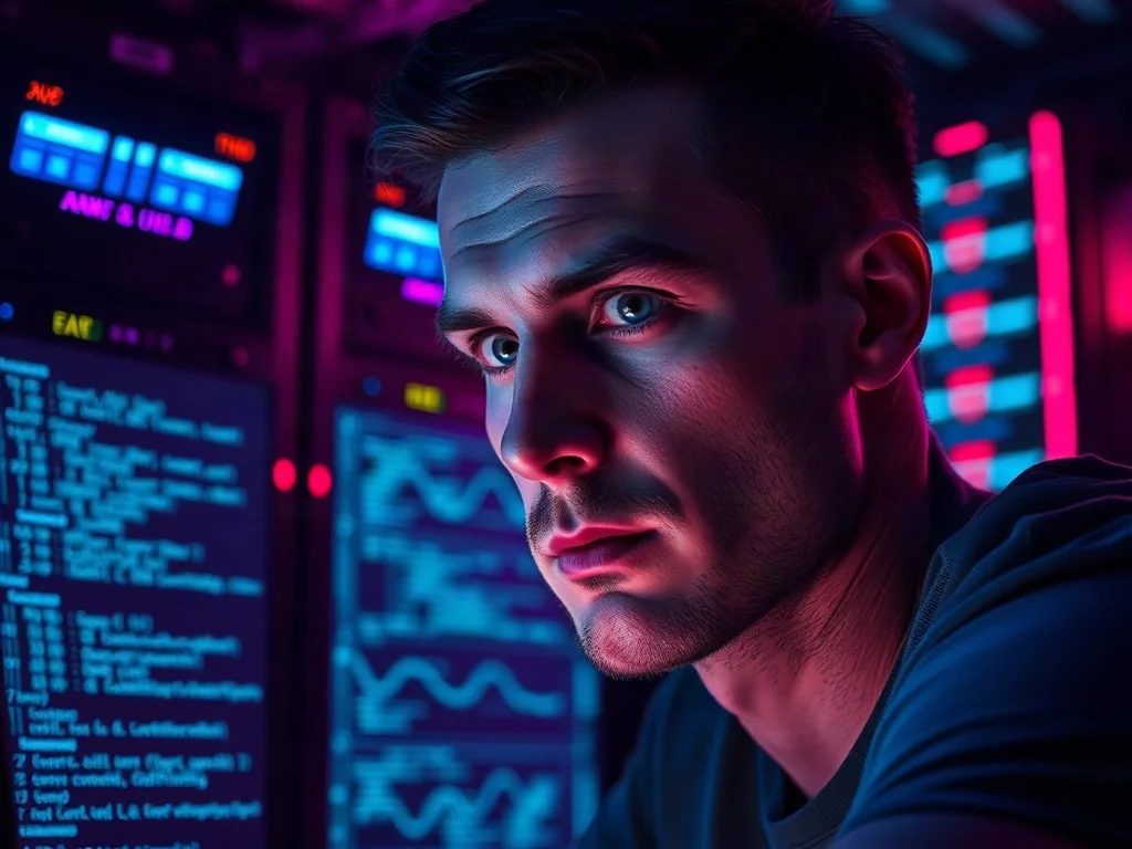 Mężczyzna w skupieniu analizuje kod na ekranie komputera w cyberpunkowym, przyciemnionym pomieszczeniu.
