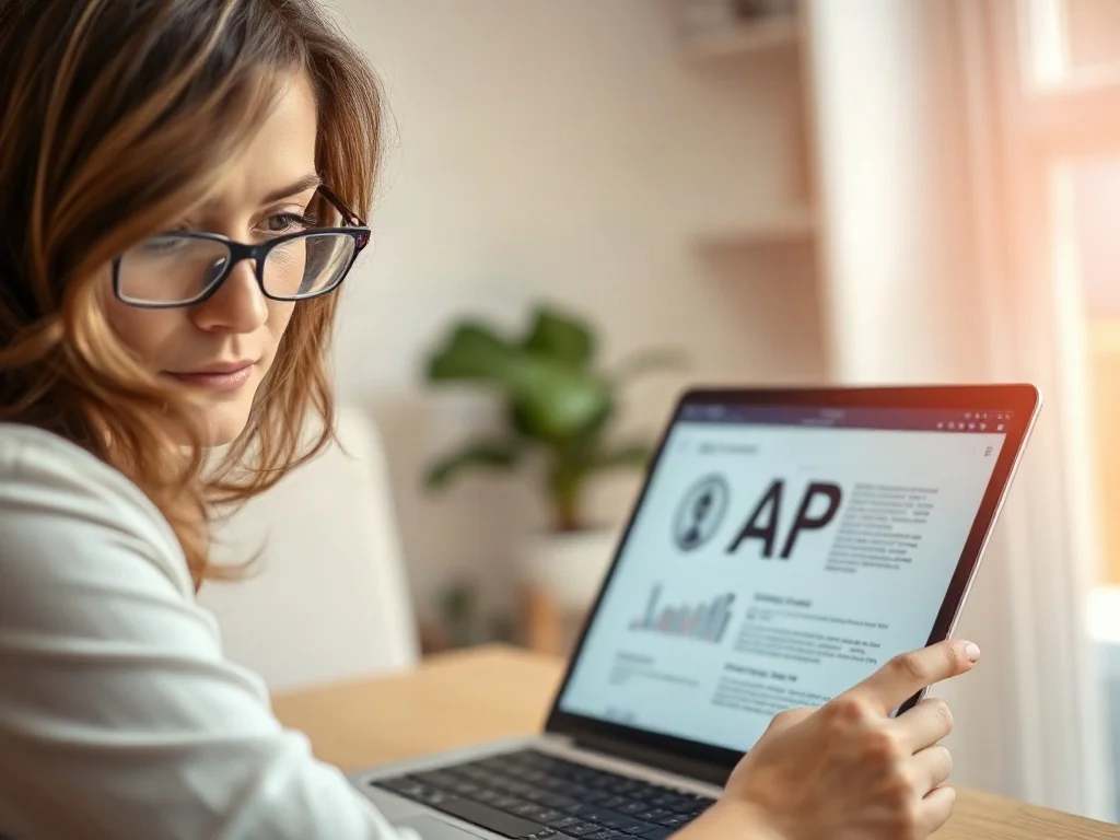 Kobieta pracująca przy laptopie w jasnym biurze, skupiona na edycji dokumentu tekstowego.