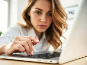 Kobieta pracująca na laptopie w jasnym biurze, edytująca dokument w programie Word.