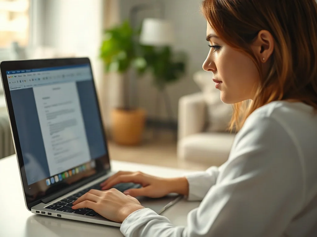 Kobieta pracująca na laptopie w jasnym biurze, edytująca dokument w programie Word.