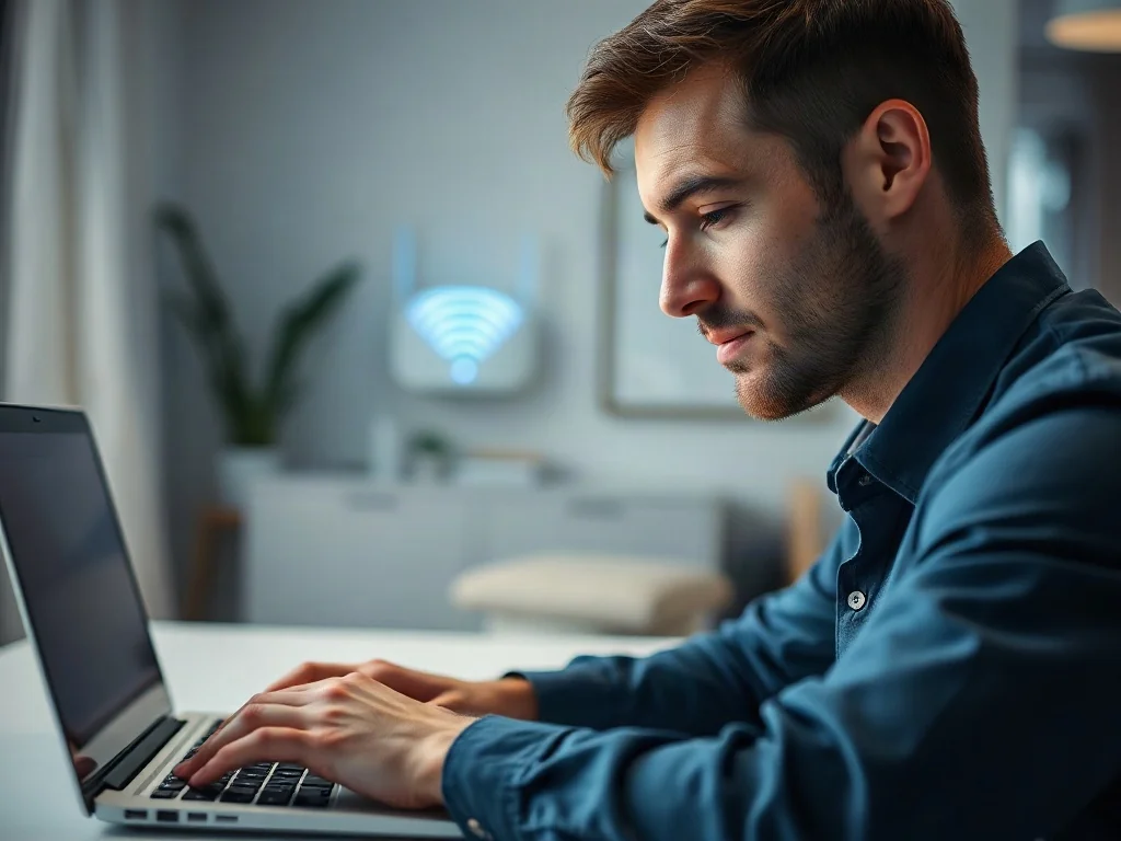 Mężczyzna wpisujący hasło do sieci Wi-Fi na nowoczesnym laptopie w minimalistycznym biurze domowym.